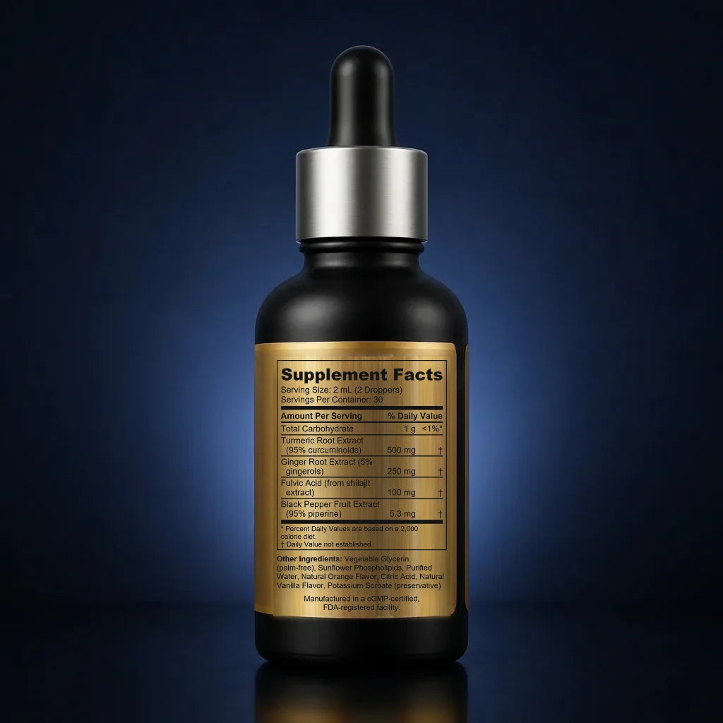 Liposomal Vegan Turmeric Curcumin Drops with Fulvic Acid & Piperine back label