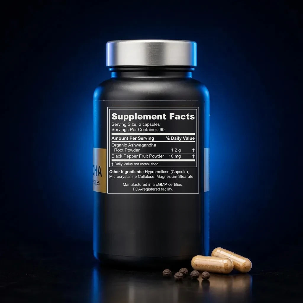 Organic Ashwagandha Root Adaptogen Capsules with Black Pepper back label