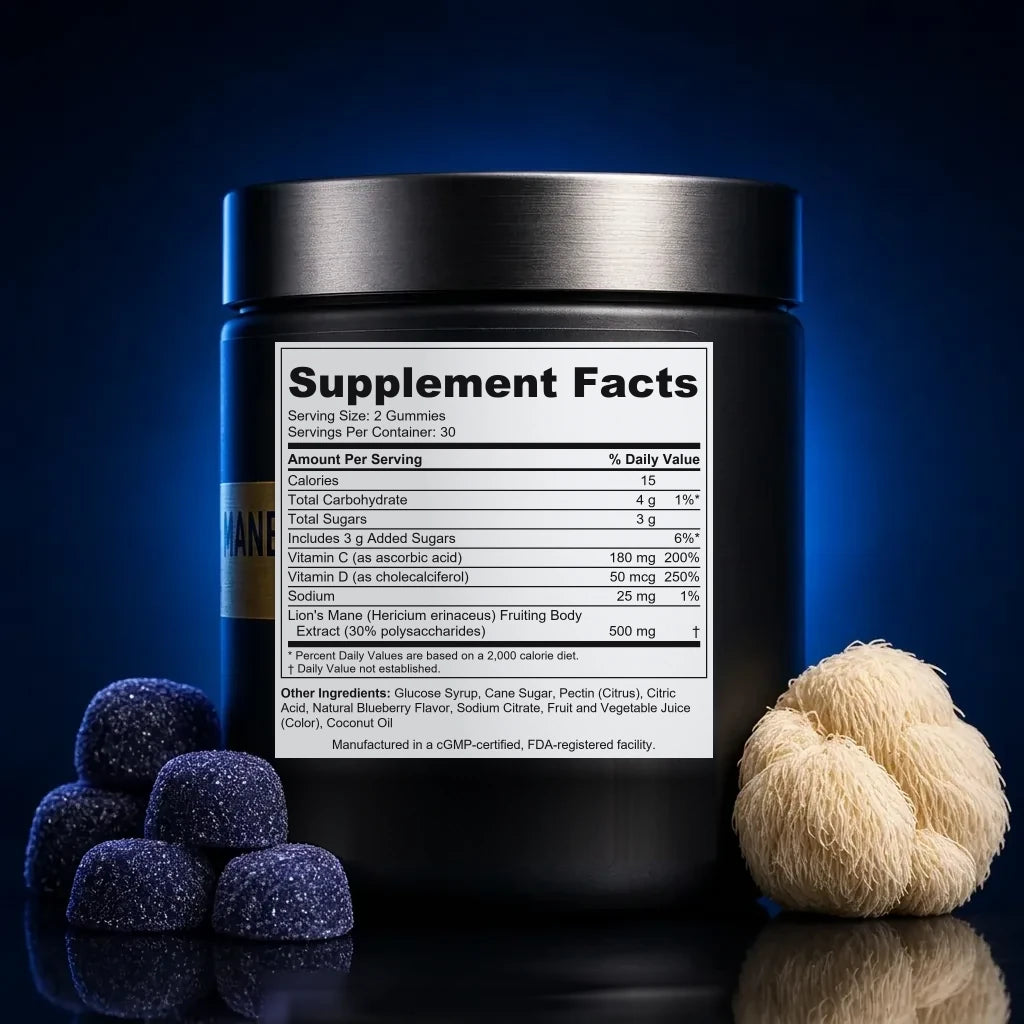 Blueberry Lion's Mane Gummies for Focus and Immunity back label