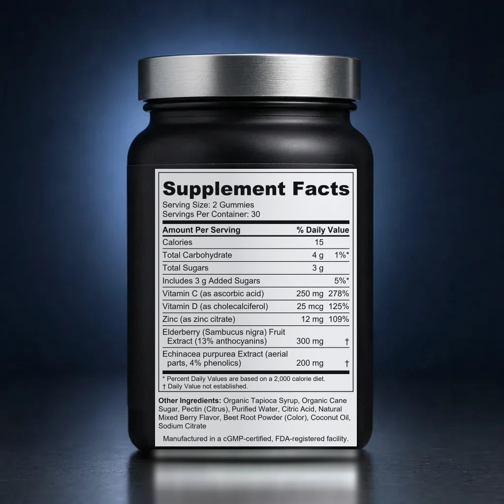 Immune Defense Gummies with Elderberry, Zinc & Echinacea back label