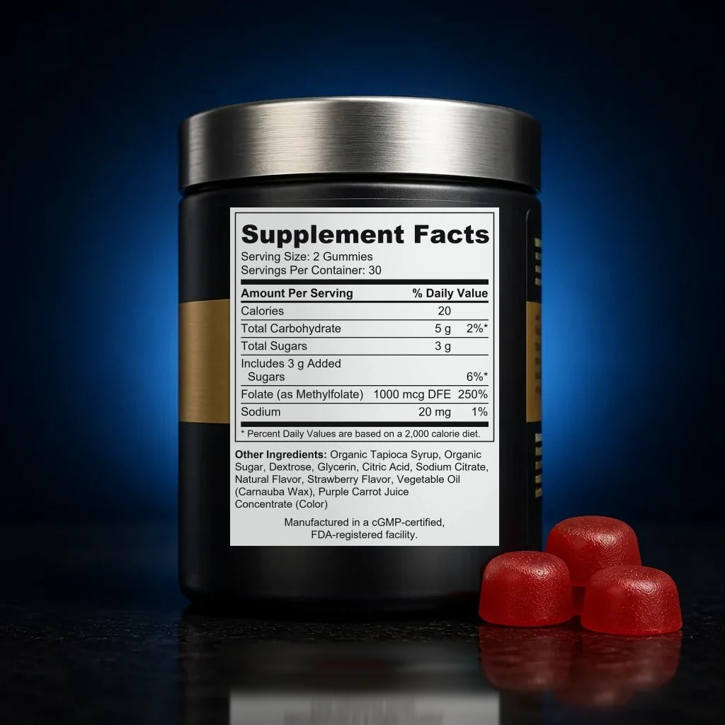 High-Potency Methylfolate Pectin Gummies for Immune & Heart Health back label