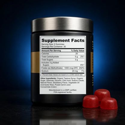 High-Potency Methylfolate Pectin Gummies for Immune & Heart Health back label