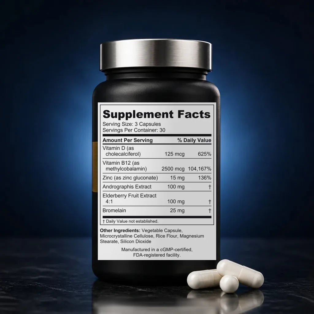 Comprehensive Immune Defense Capsules with Andrographis & B12 back label