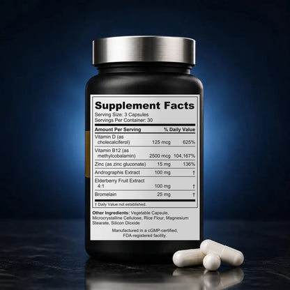 Comprehensive Immune Defense Capsules with Andrographis & B12 back label