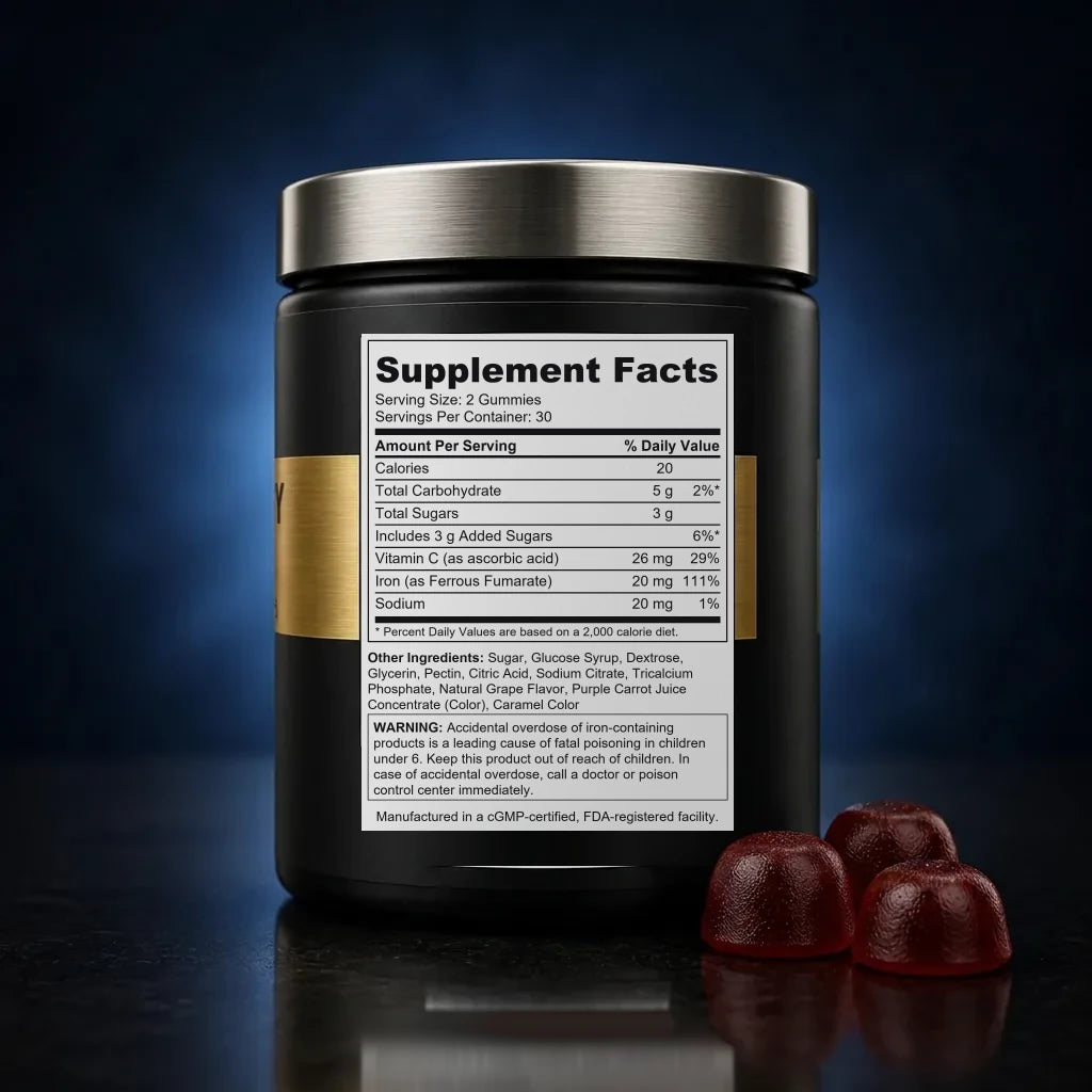 Iron Vitality Gummies with Vitamin C for Enhanced Absorption back label