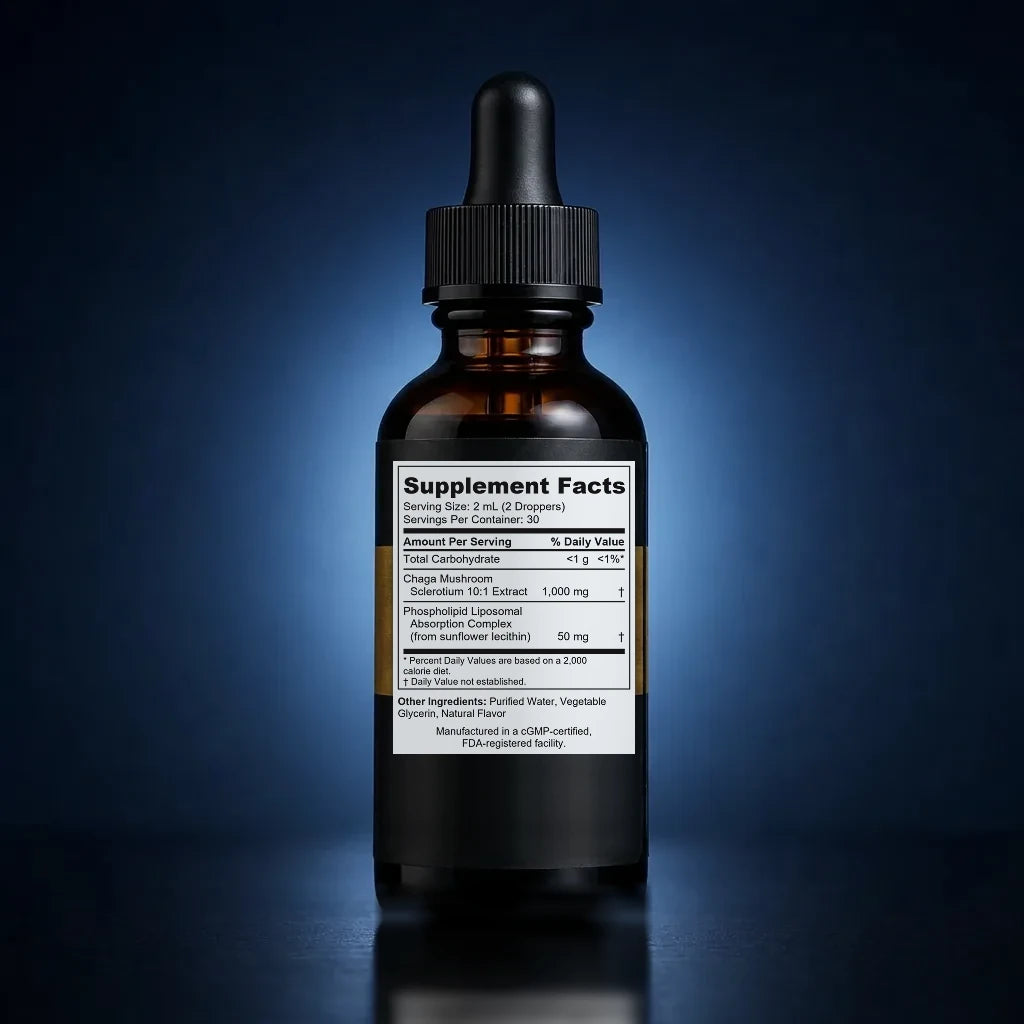 Liposomal Chaga Mushroom 10:1 Extract Liquid for Heart & Immunity back label