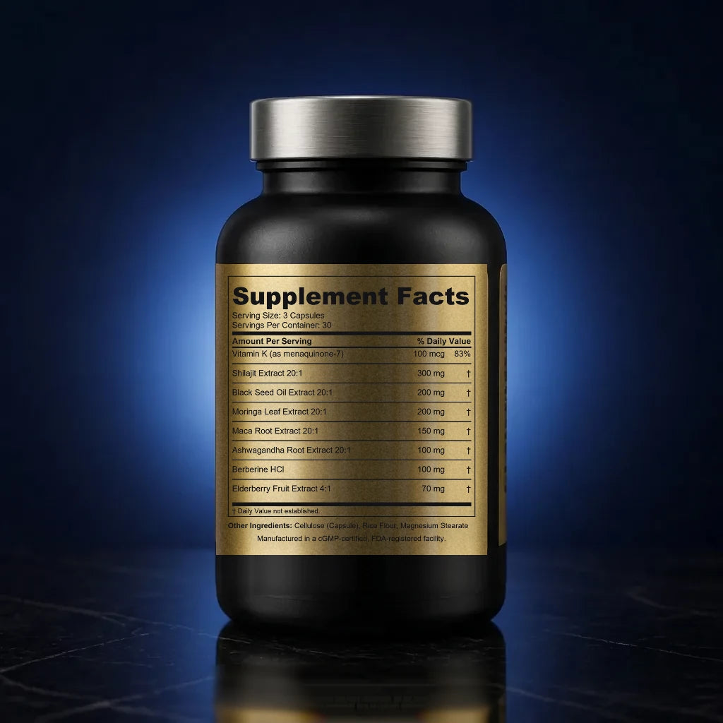 Multi-Botanical Immune Support Capsules with Shilajit & Black Seed Oil back label
